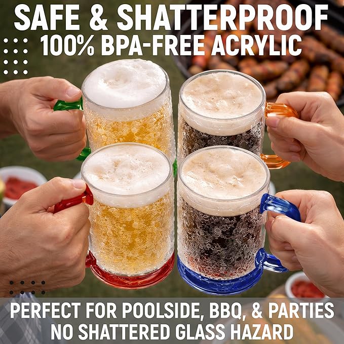 Beer Mugs for Freezer (Set of 4), 16oz Double Walled Glasses, Frozen Cooling Cups with Color-Coded Handles, Break-Resistant Acrylic Frosty Insulated Beer Mug for Dad, Men, Pool Parties & BBQ