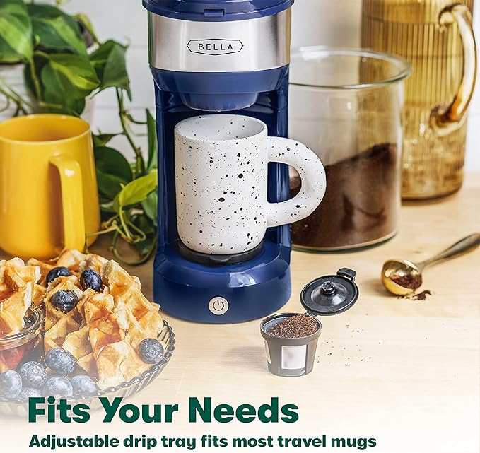 BELLA Dual Brew Single Serve Coffee Maker, Brews both Kcup and Ground Coffee, Large 14oz Capacity, Easy One Touch, Auto Shutoff, Navy