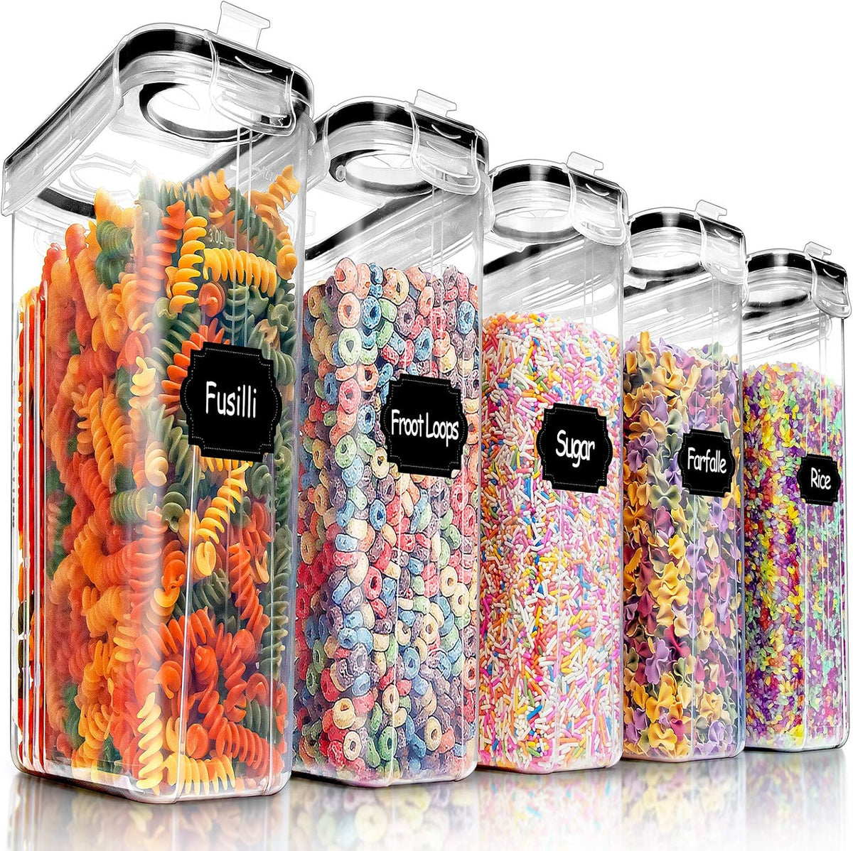 PRAKI Large Dry Food Storage Containers with Lids, 6PCS Airtight Cereal Containers Storage Set, Leak-proof Canister Set for Kitchen Pantry Organization with 20 Labels & Marker (4L Black)