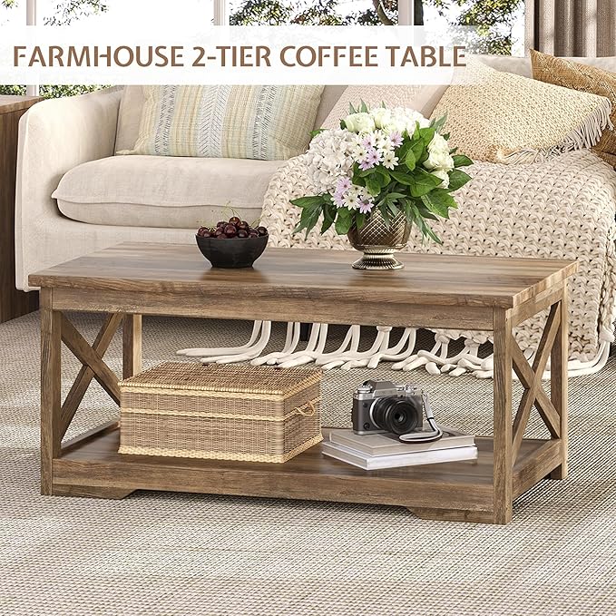 3-Piece Farmhouse Living Room Table Sets, Includes 1 x Coffee Table, 2 x End Tables with Charging Station & USB Ports, Rustic Coffee Table Set of 3, Barnwood