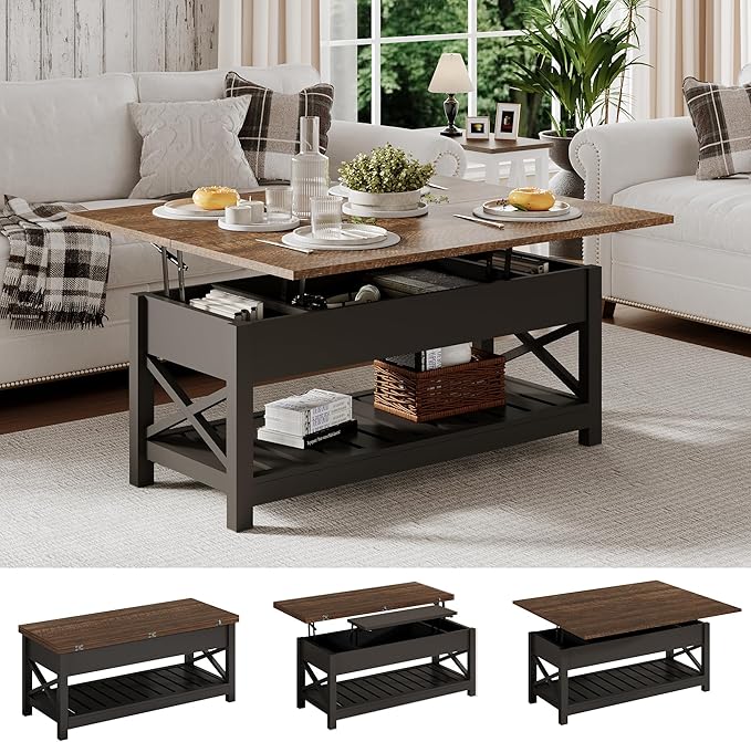 ChooChoo Coffee Table Lift Top, Multi-Function Convertible Coffee Tables with Storage and Hidden Compartment, Coffee Table Converts to Dining Table for Living Room, 40 Black & Espresso