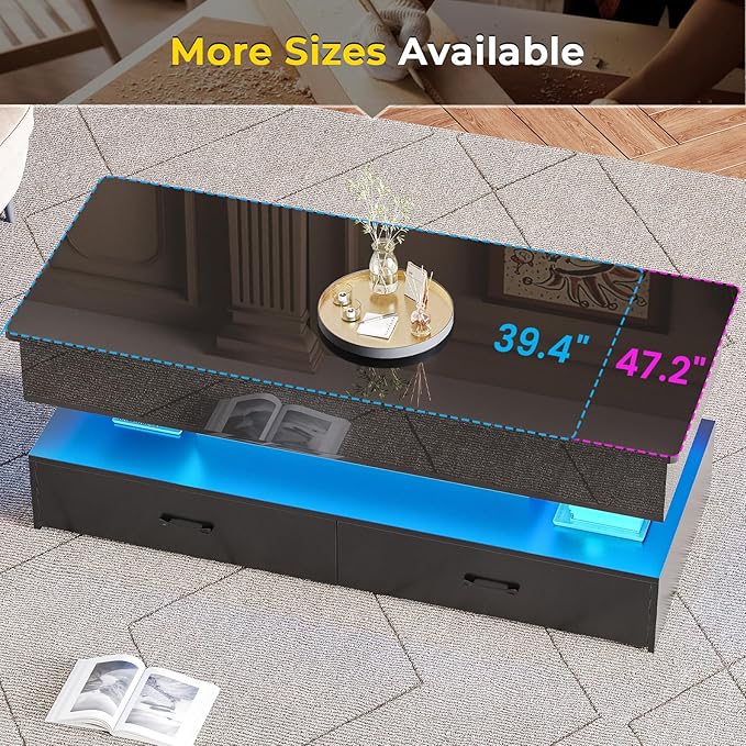 SEDETA 47.2" Lift Top Coffee Table, Coffee Tables with Storage for Living Room, 2 Drawers Coffee Table with Power Outlet & LED Light for Dining Reception Room, High Gloss Black