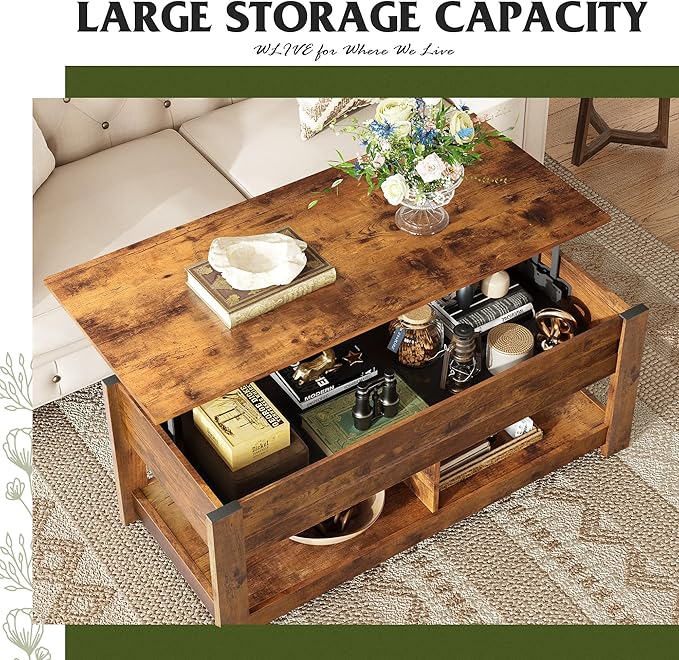 WLIVE Coffee Table, 47" Lift Top Coffee Table with Hidden Compartment and 2 Storage Shelves for Living Room, Rustic Brown