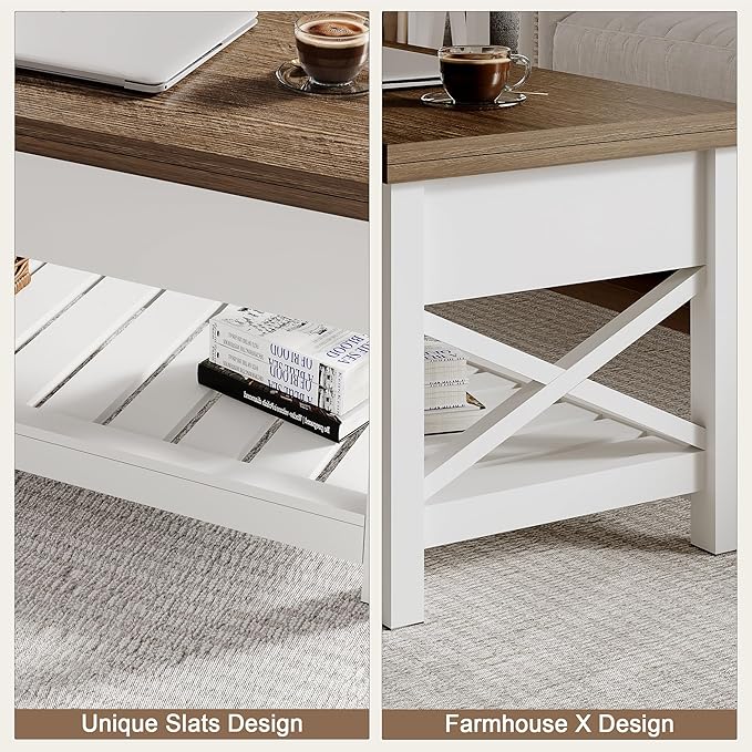 ChooChoo Farmhouse Lift Top Coffee Table, Multi-Function Convertible Coffee Table with Storage and Hidden Compartment, Converts to Dining Table for Living Room, 40 White & Brown