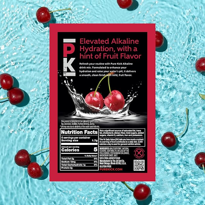Pure Kick Alkaline pH 8.5 or Higher Cherry Powdered Drink Mix Packets, Unsweetened with a Hint of Flavor -, 72 Total Packets (12 Boxes, 6 Each), Singles to Go!