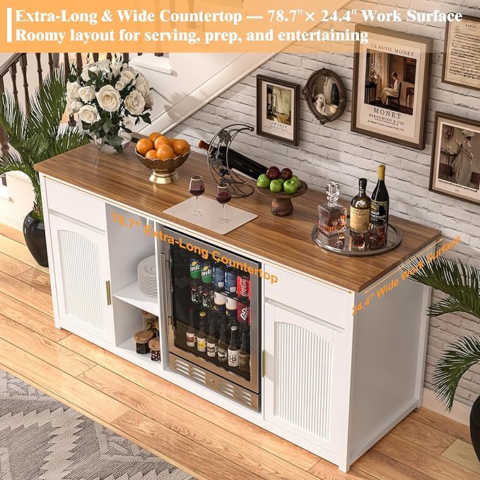 GDLF Extra Long Bar Cabinet with Fridge Space, Modern Wine Liquor Cabinet with Storage and Power Outlet, Buffet Sideboard with Fluted Doors for Home, 78.7 Inch, White