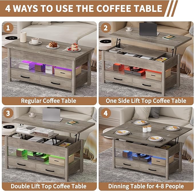 42'' Lift Top Coffee Table with LED, 4-in-1 Multifunctional Coffee Table with Drawers and Hidden Compartments, Converts to Dining Table for Living Room, Reception Room, Grey