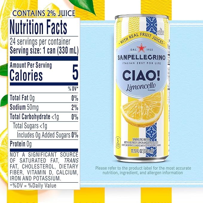 Sanpellegrino Ciao Limoncello Flavored Sparkling Water, Italian Sparkling Water, 24Pk