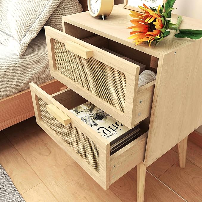 Small Rattan Nightstand,Boho Bedside with Storage,End Table,Side Table with 2 Hand Made Rattan Decorated Drawers for Small Space,Livingroom,Bedroom,Natural 11.8" D x 16" W x 22.4" H CTG59Y