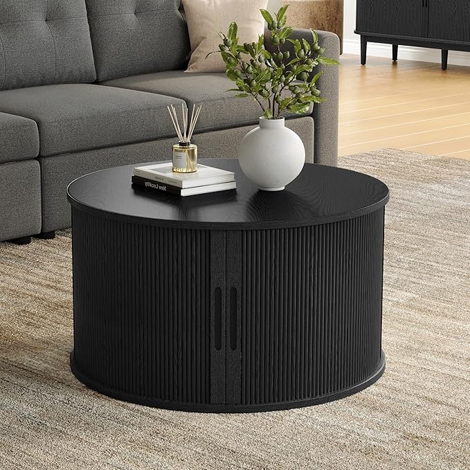 LINSY HOME Round Coffee Table, 31.5" Drum Coffee Table with Sliding Tambour Door, Fluted Accent Center Table with Storage, Mid Century Modern Coffee Table for Living Room (Black)
