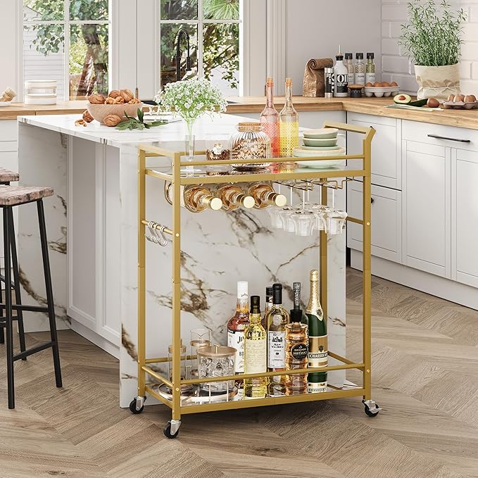 3 Tier Bar Cart, Small Beverage Cart, Mini Bar Cart with Wine Rack, Home Bar Serving Cart with Wheels for Kitchen Dining Living Room (Gold, Mirrored)