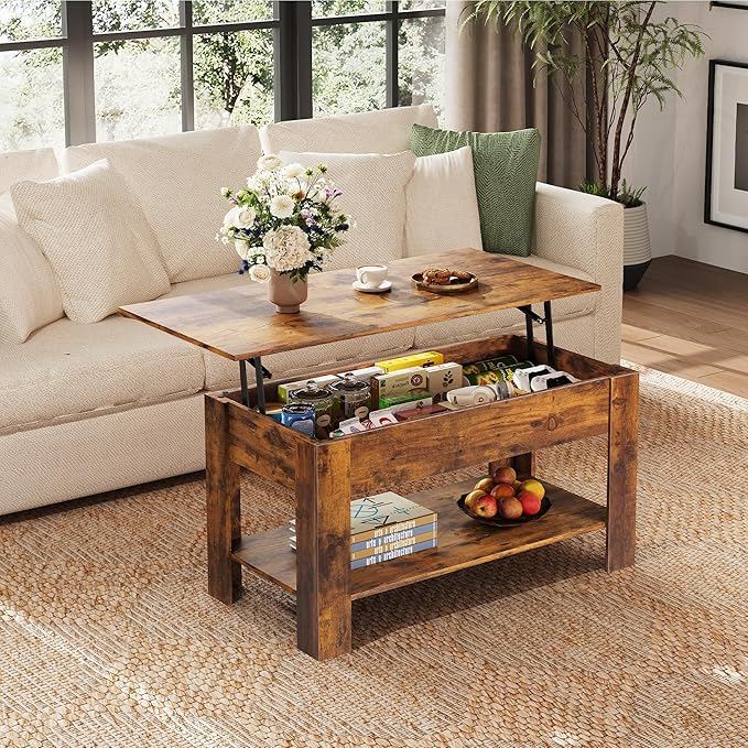 WLIVE Coffee Table, 39" Lift Top Coffee Table with Hidden Compartment, Storage Shelf and Lifting Top for Home Living Room, Office and Reception Room, Brown