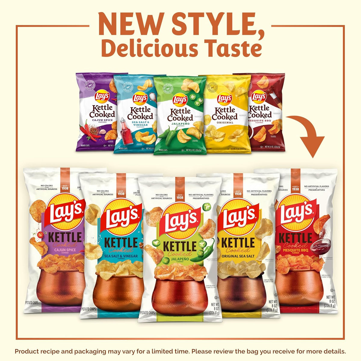 Lay's Kettle Cooked Potato Chips, Variety Pack, 0.85 Ounce (Pack of 40)