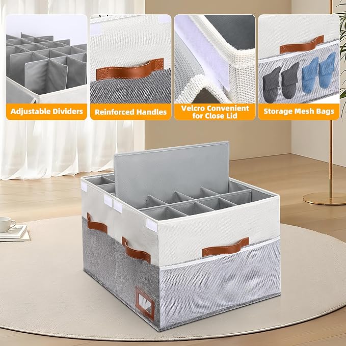 Supowin Shoe Organizer for Closet, Foldable Shoe Storage Bins with Lid & Adjustable Dividers, Fabric Shoe Box Storage Containers with Four Reinforced Handles, Fits 20 Pairs, 1 Pack, Grey