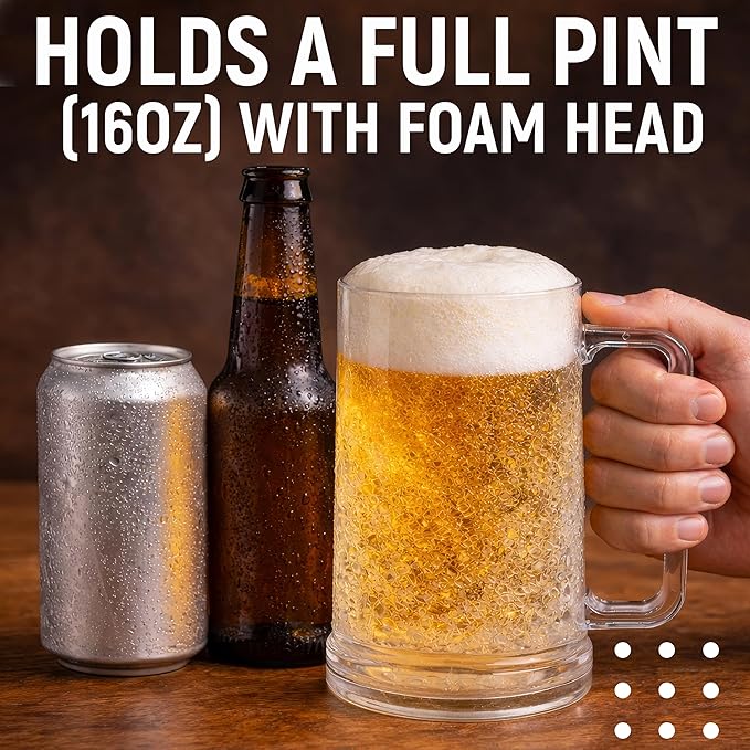Freezer Beer Mugs Set of 4, 16 oz Double Wall Gel Mugs for Freezer, Acrylic Plastic Beer Stein with Handle, Ice Cold Glasses for Men, BBQ, & Pool Parties (Clear)