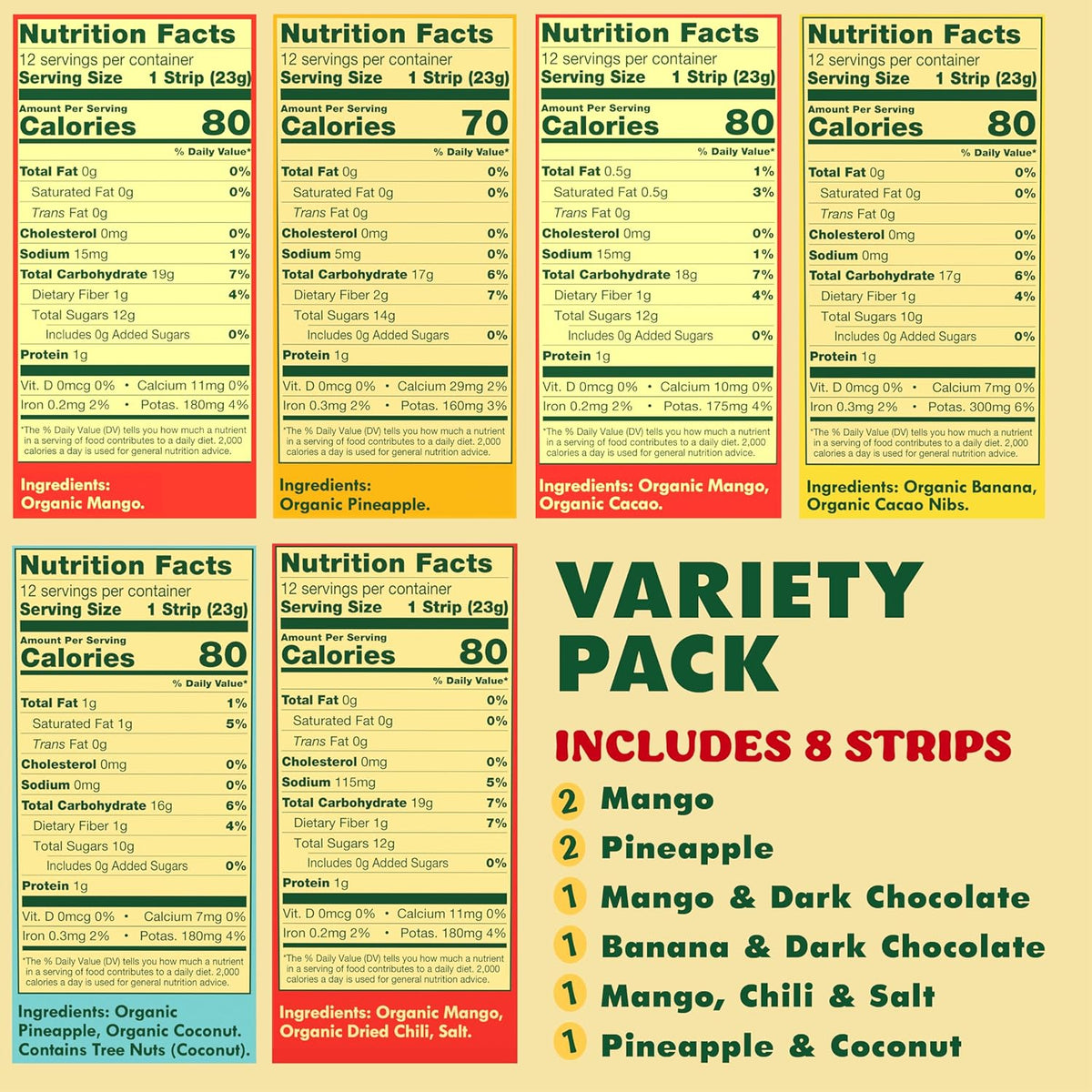 SOLELY - Organic Fruit Jerky Variety Pack - 8 Flavors, 8 Individually Wrapped Fruit Strips - Fruit Leather - Healthy Snacks for Adults & Kids - Non GMO, Vegan - 0.8oz (23g)