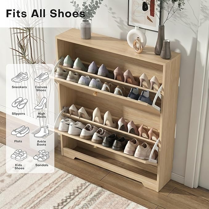 Nicetree Shoe Cabinet with 2 Flip Drawers, Narrow Shoe Organizer Cabinet, Freestanding Shoe Rack Cabinet, Modern Shoe Storage Cabinet for Entryway, Hallway, Foyer Natural Oak with Hook