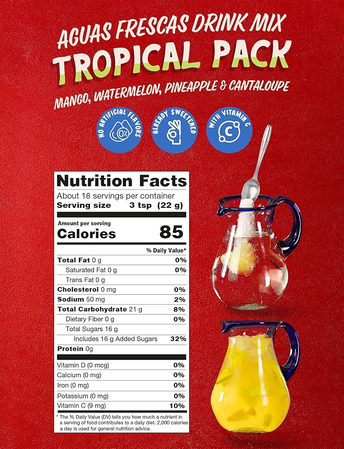 Klass Aguas Frescas Drink Mix Tropical Variety Pack - Watermelon, Cantaloupe, Mango & Pineapple - Powder Drink Mix, Water Drink Mix with Natural Flavors & Vitamin C, Makes 28 to 36 Quarts (56 to 72 Drinks)