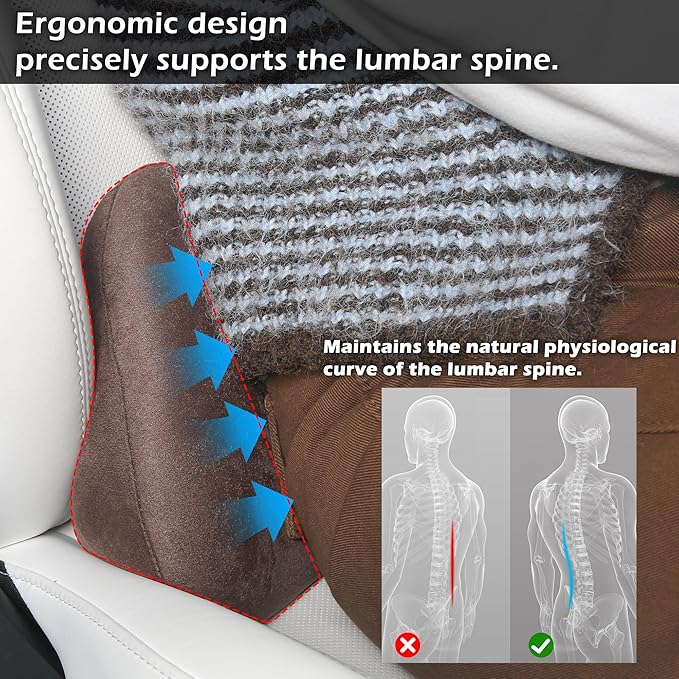 Lumbar Support Pillow for Car, Ergonomic Memory Foam Back Cushion for Driving, Seat Office Chair, Gaming Chair, Lower Back Support for Back Pain Relief, Brown, 1 Pack