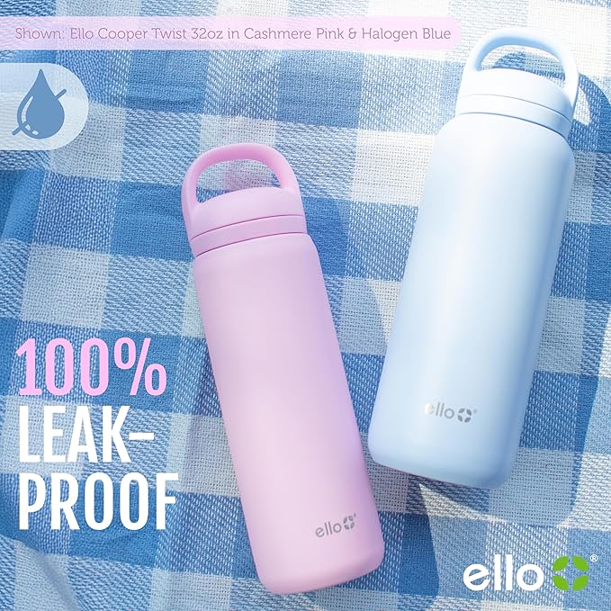 Ello Cooper Twist 22oz Stainless Steel Water Bottle with Chug Lid | Leak Proof Double Walled and Vacuum Insulated | Fits Car Cupholder | Built in Carry Loop | Dishwasher Safe | Halogen Blue