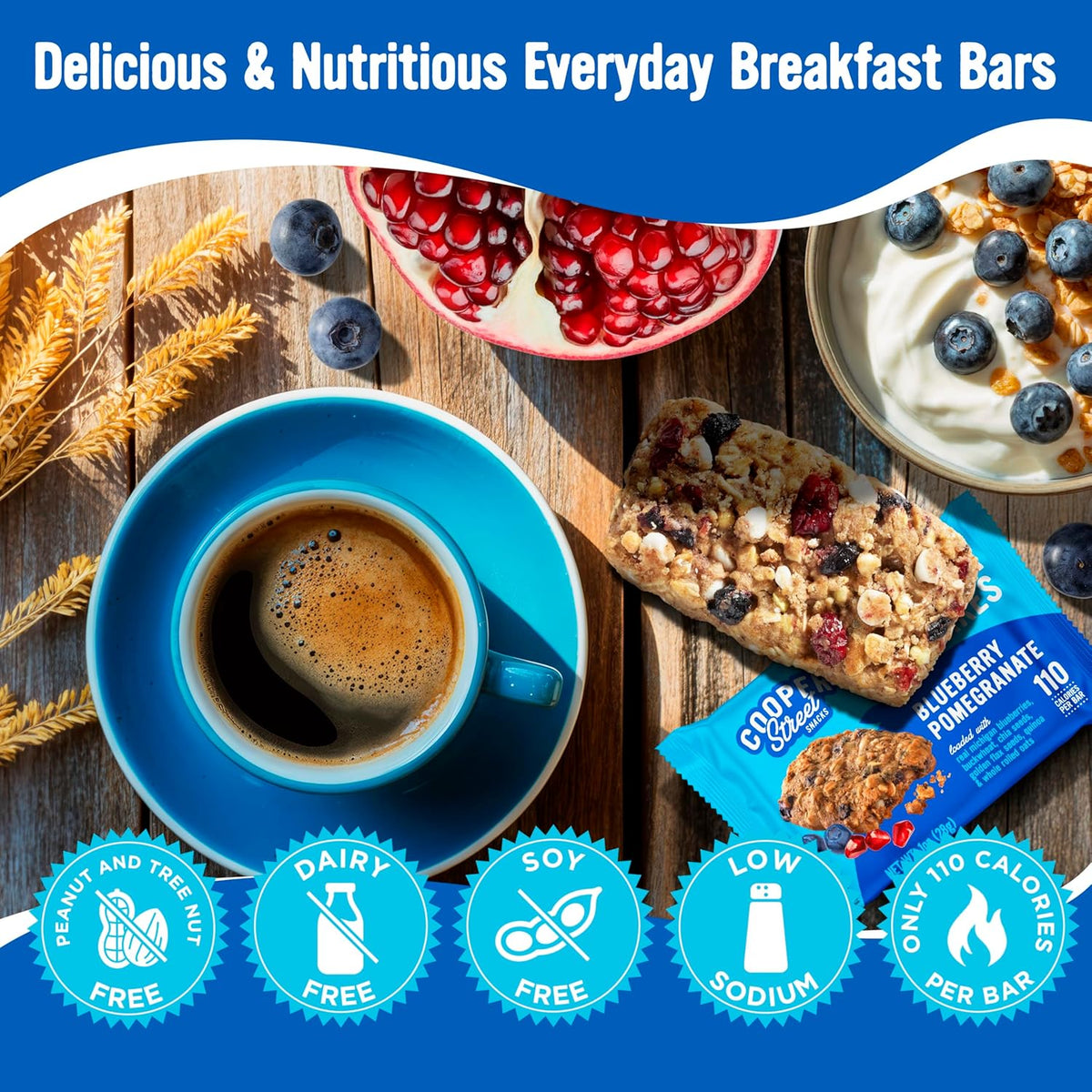 Cooper Street Granola Bakes - Soft Baked Oats, Grain & Seeds Breakfast Granola Cookie Bars - Nut & Dairy Free, Low Sodium, Healthy Lunchbox Snacks for Kids & Adults - Blueberry Pomegranate - 12 Pack