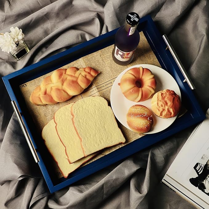 JJSQYLAN Wooden Serving Tray with Handles Rectangle Breakfast Tray for Coffee Table Decorative Ottoman Tray 16”x 12” for All Occasion's (Blue)