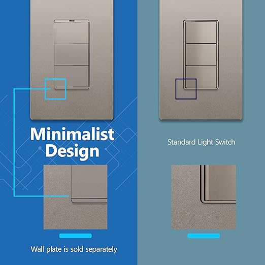 LIDER Minimalist Design Matte Finish Lighted Triple Switch, Combination Frameless Decorator Switch with Locator Light, Ground Terminal, Single Pole, 15A 120-277V, UL Listed, LCS3-1P-NK, Nickel