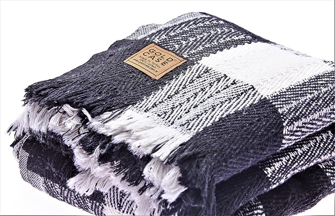 Gold CASE Throw Blanket for Couch – 100% Recycled Cotton – Vintage Throw Blankets for Living Room, Bed, & Outdoor – Decorative Boho Blankets & Throws – Soft Couch Drape – Buffalo Black Set (50”x60”)