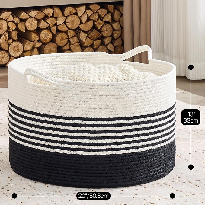KAKAMAY Cotton Rope Storage Basket (20"x13"),Woven Hamper for Blankets,Toys,Pillows,Clothes,Laundry,Sturdy Handles Decorative Basket for Living Room, Bedroom,Nursery(Black/Black Fringe)