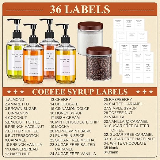 9 Pcs Coffee Syrup Dispenser Set 10 oz Plastic Coffee Syrup Dispenser Pump Bottle 16.9 oz Pet Jar with Lids Gold Spoon and Labels for Home Bar Organization