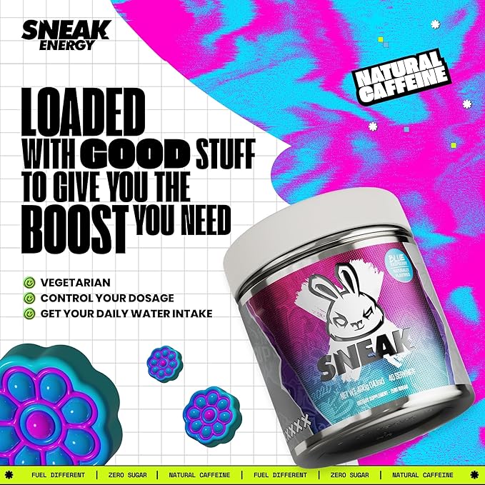 SNEAK Energy Drink Powder | Blue Raspberry | No Sugar. No Nasties. Just Natural Caffeine, Focus-Boosting Nootropics | 40 Servings