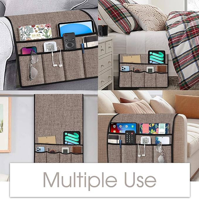 Joywell Armrest Organizer Remote Holder for Recliner Armchair Caddy Couch Sofa Arm Chair Caddie with 6 Pocket Storage for Magazine, iPad, Phone, Light Camel