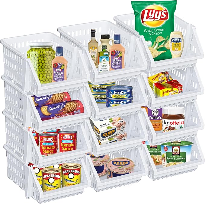 Small Stackable Storage Bins Open Front for Pantry Storage, 12 Pack - White | Sturdy Plastic, Easy Stacking, Open Front Access, Ventilated Sides, Vertical & Space Saving Pantry Organizers and Storage Bin