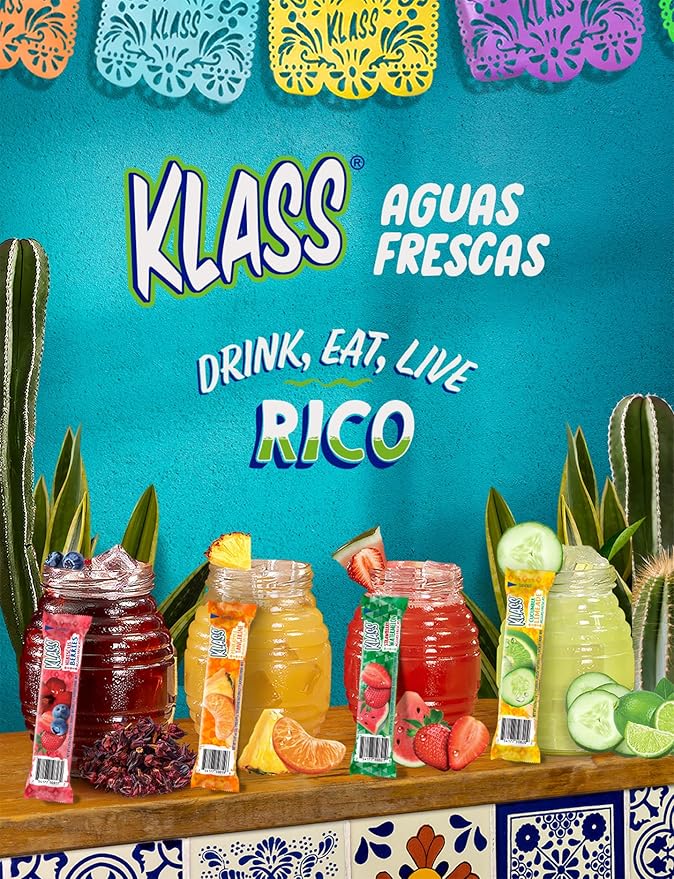 Klass Aguas Frescas, Powdered Drink Mix, 40 Singles Zero Sugar & Caffeine-Free Powder Packets, Water Drink Mix, Flavor: Strawberry Watermelon - 5 Calories Per Packet & Natural Flavors