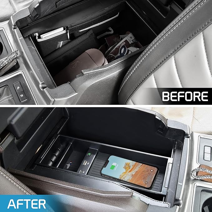 Wireless Charger for F150 2009-2023, Center Console Organizer Box Fast Wireless Chargering with USB-A USB-C Port for Ford F150 2009-2021 2022 2023 Accessories