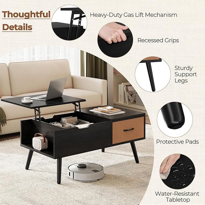 Yaheetech Lift Top Coffee Table for Living Room, Wooden Small Center Tables with Large Storage Shelf Drawer and Hidden Compartment Modern, Black
