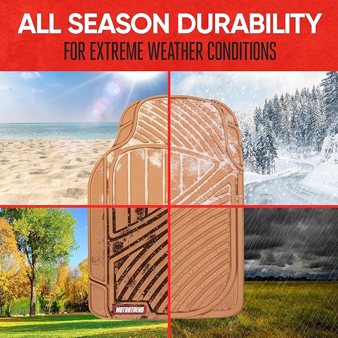 Motor Trend FlexTough Performance All Weather Rubber Car Floor Mats with Cargo Liner - Full Set Front & Rear Floor Mats for Cars Truck SUV, Automotive Floor Mats (Beige)