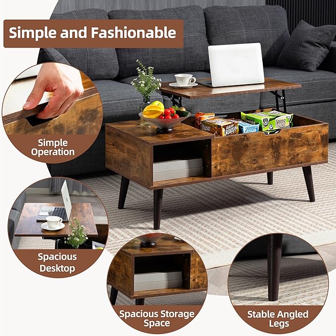 Finnhomy Lift Top Coffee Table with USB Type-C Charging Station, LED Lights and Power Outlet, 3-in-1 Multifunctional Table with Hidden Compartment and Large Storage, for Living Room Home Office, Brown