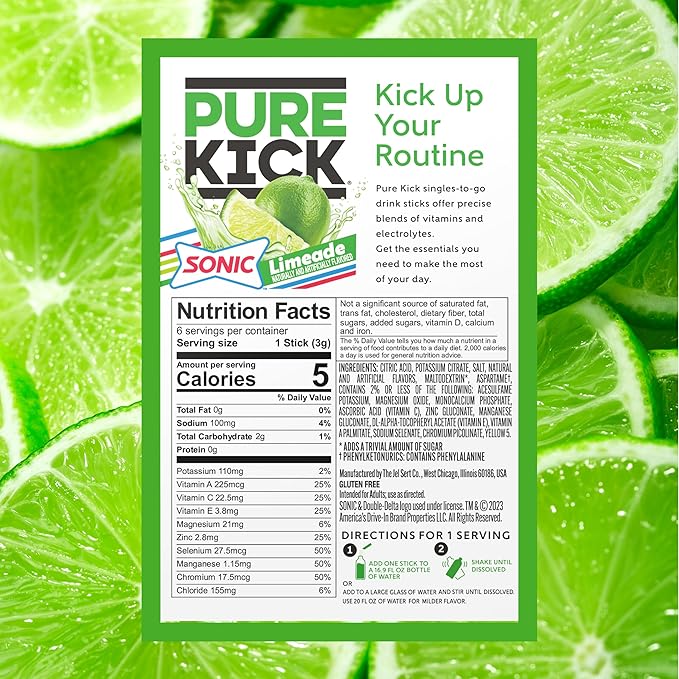 PURE KICK Hydration Singles to Go Drink Mix, Sonic Limeade, Includes 12 Boxes with 6 Packets in Each Box, 72 Total Packets