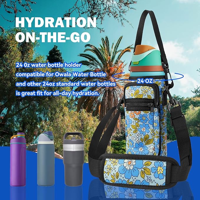Neoprene Water Bottle Holder Bag with Cell Phone Pocket Compatible with Owala FreeSip 24 oz，Water Bottle Carrying Bag ，with Adjustable Shoulder Strap,for 24oz Stainless Steel Water Bottle