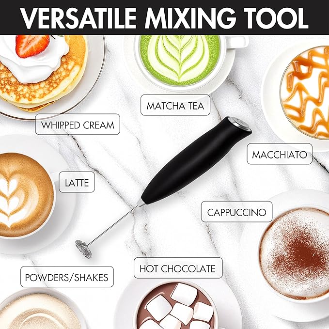 Primula Handheld Electric Milk Frother, Powerful Motored Whisk, Portable Battery-Powered Mini Drink Mixer for Latte, Cappuccino, Matcha & More, Black