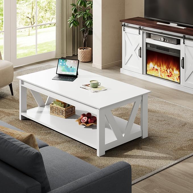 WLIVE Coffee Table with Storage Shelf, 39.4" Farmhouse Coffee Table with V-Frame Support, 2-Tier Wood Rustic Center Table for Living Room, Bedroom & Balcony, All White