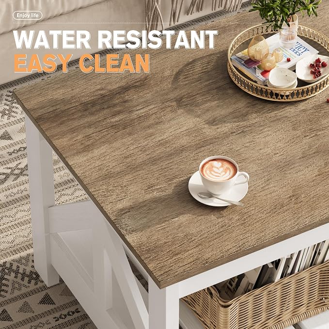YESHOMY Farmhouse Coffee Table, Coffee Tables for Living Room, Farmhouse Square Coffee Table with Storage, Couch Table, Small Tables for Small Spaces, Gray & White