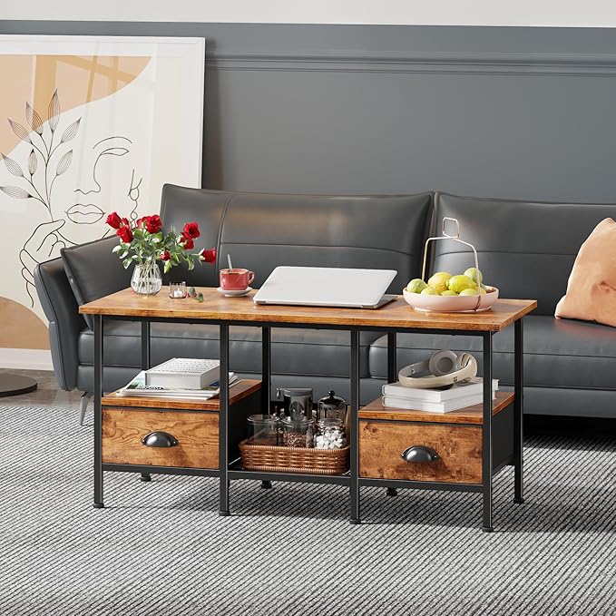 Furologee 35" Coffee Table with 2 Storage Drawers, Small Coffee Tables for Living Room, Industrial Center Table with 2 Tier Storage Shelf, Rustic Brown