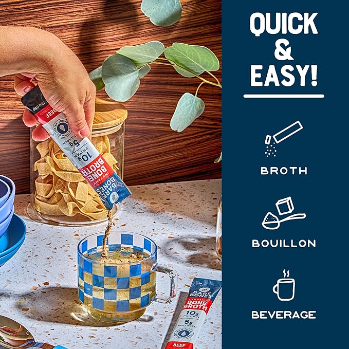 Bare Bones Beef Bone Broth Instant Powdered Mix Packets | 5g Collagen | 10g Protein | Keto & Paleo Friendly | No Artificial Flavors | Rich Savory on-the-go 16 Pack