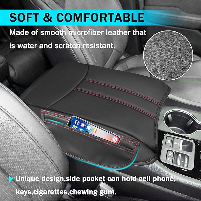 SENSHINE Armrest Cover for Honda Pilot Accessories 2023 2024 2025 2026 Center Console Cover Anti-Scratch Leather Armrest Protector Middle Console Pad with Side Pockets for Honda Pilot (Red Stitch)