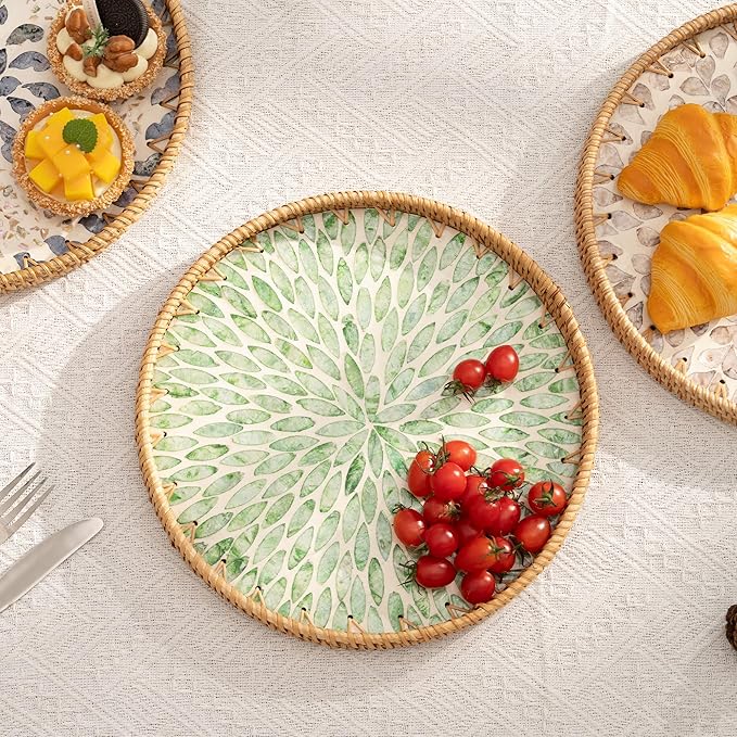 StorageWorks Decorative Coffee Table Trays for Home Decor, Round Rattan Tray with Mother of Pearl Inlay, Small Wicker Woven Serving Tray Decor for Kitchen Counter, Living Room and Ottoman, Green