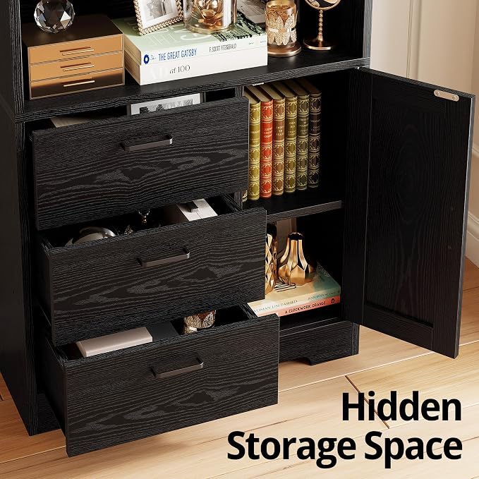 IRONCK Bookshelf with Doors and 3 Drawers 71 in Tall Bookcase with 3-Tier Shelves, Industrial Book Shelf with Storage for Living Room Entrance Hallway Home Office, Black