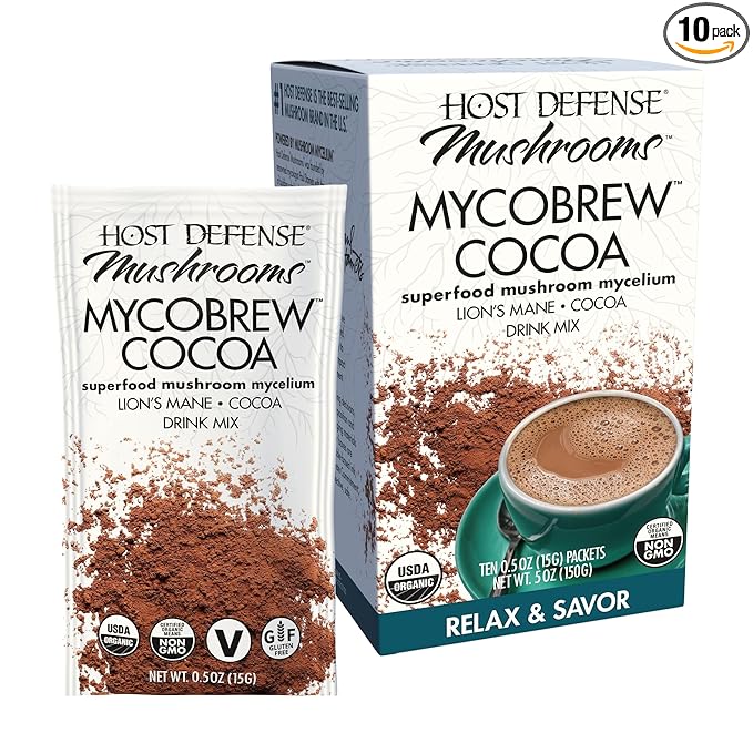 Host Defense MycoBrew Cocoa - Cocoa Drink Mix Includes Lion's Mane Mushroom Powder - Superfood Powder Drink Mix with Fair Trade Certified Chocolate - 10 Packets (10 Servings)