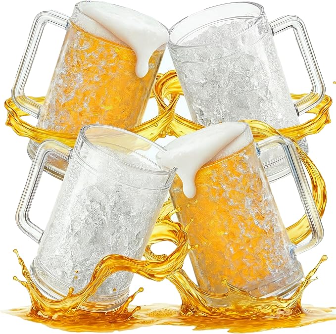 Freezer Beer Mugs Set of 4, 16 oz Double Wall Gel Mugs for Freezer, Acrylic Plastic Beer Stein with Handle, Ice Cold Glasses for Men, BBQ, & Pool Parties (Clear)